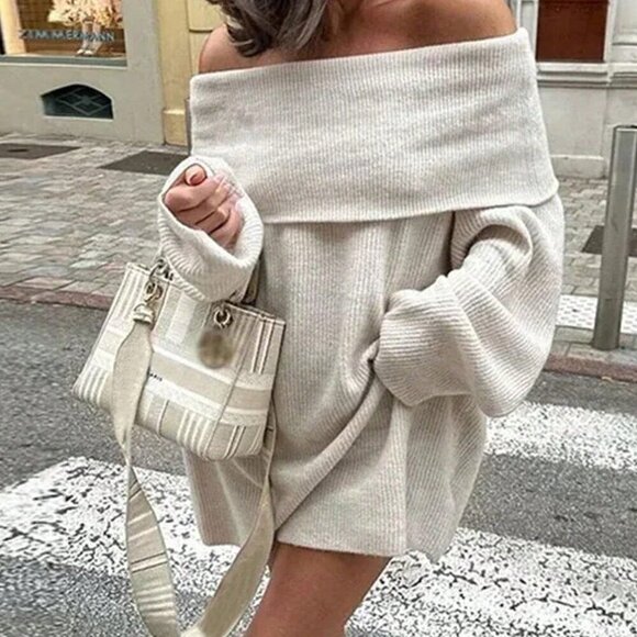 White Casual Women's Off-Shoulder Lantern Sleeve Loose Straight Sweater Dress - Picture 2 of 3